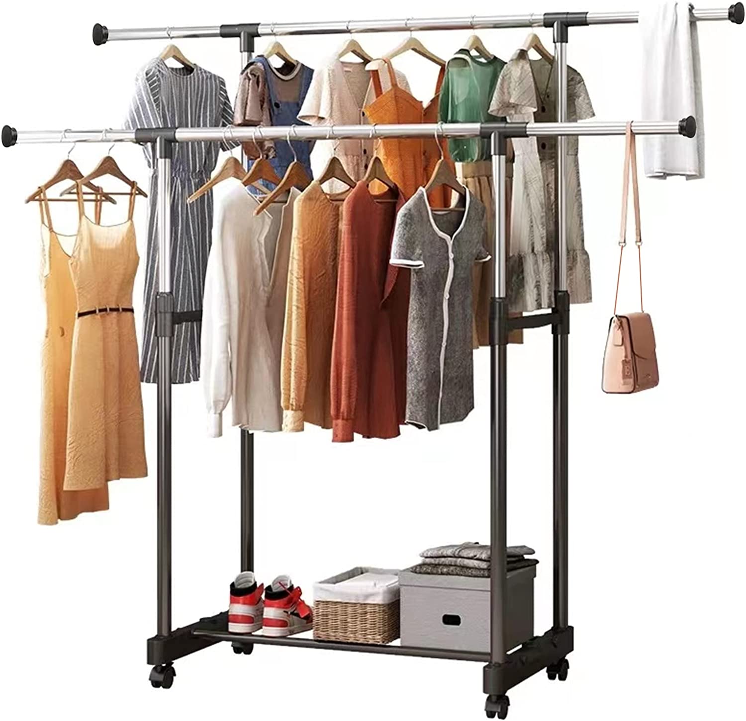 Adjustable Clothes Coat Garment Hanging Rail Rack Storage Double Stand Castors Adjustable Clothes Coat Garment Hanging Rail Rack Storage Double Stand Castors